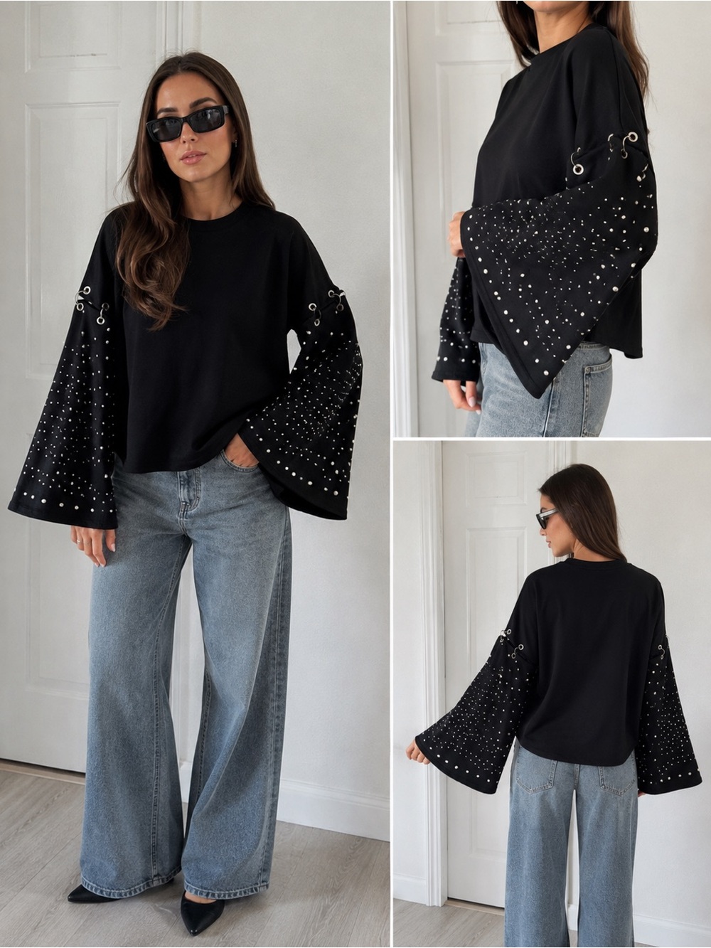 Zara Trafaluc AW17/18 Black Studded Cutout Bell Sleeve Sweatshirt Top Size M